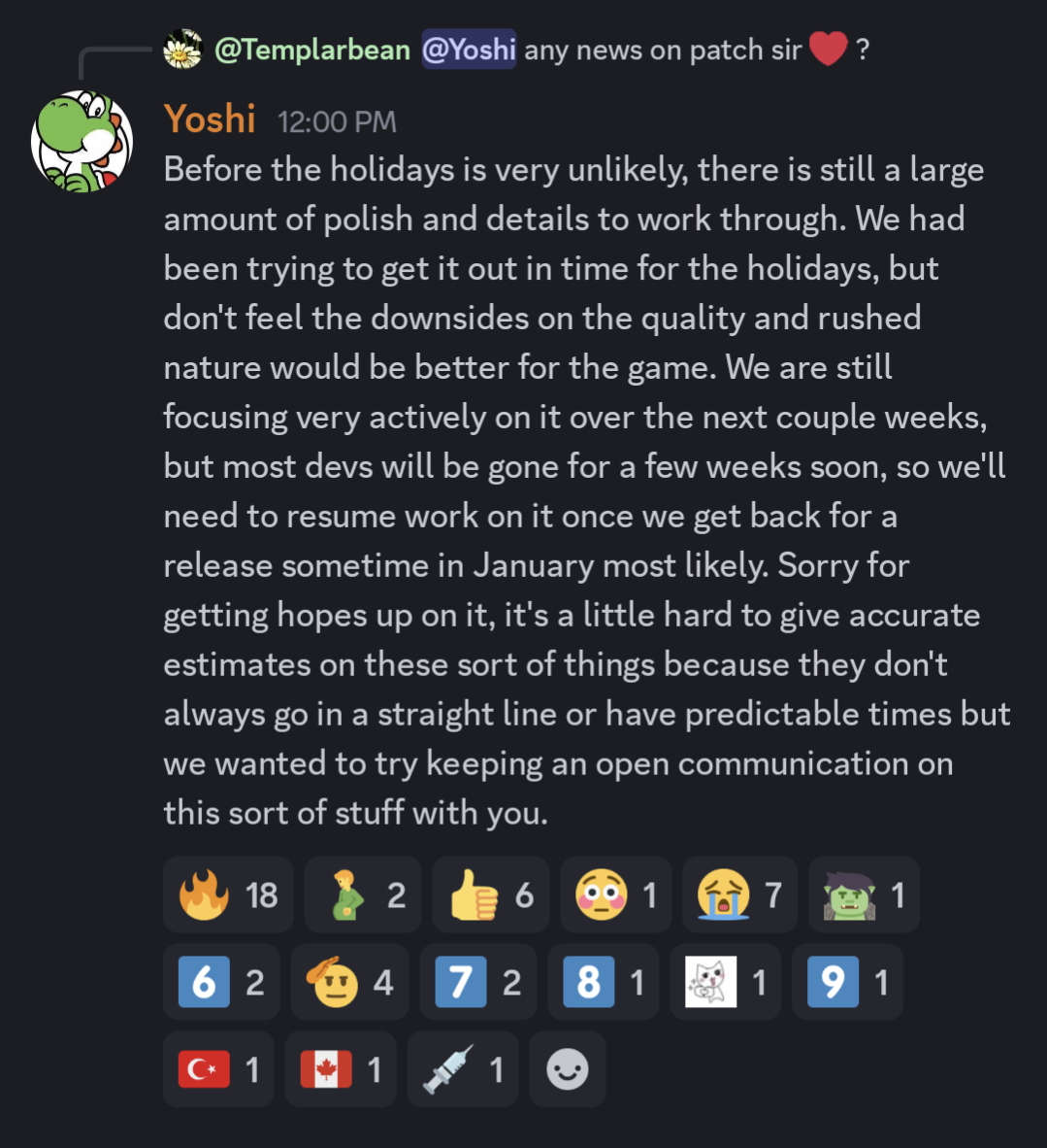 yoshi talks about next game update timeline
