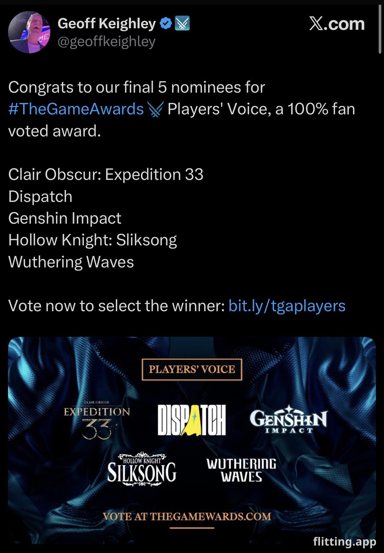 Who made the cut for Game Awards player's voice award
