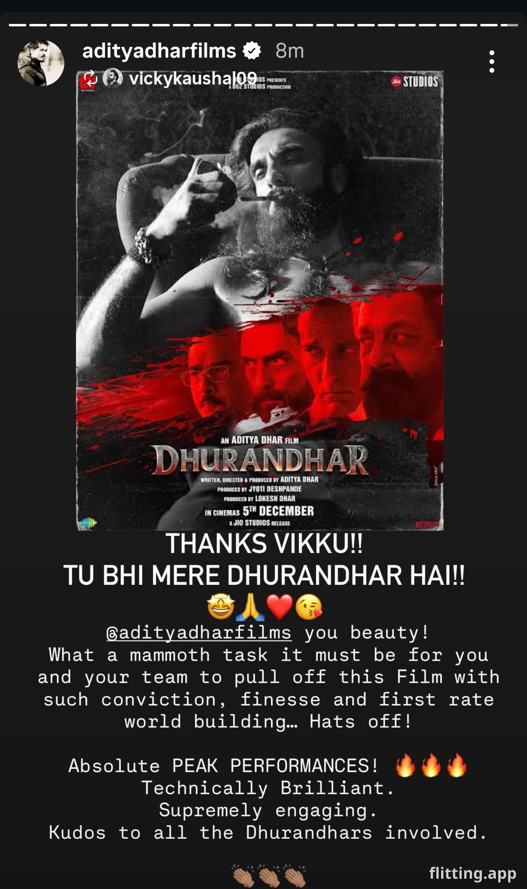 विक्की कौशल के इंस्टाग्राम स्टोरी पर अदित्य धार ने प्रतिक्रिया: "तू भी मेरा धुरंधर है"